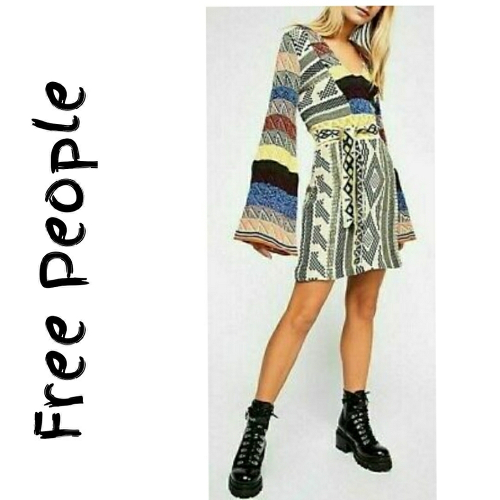 Free People Patchwork Sweater Dress in Cream Multi Combo Sz XS - Picture 1 of 14
